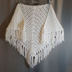 Hand Knit Boho White Shawl / Wrap with Fringe